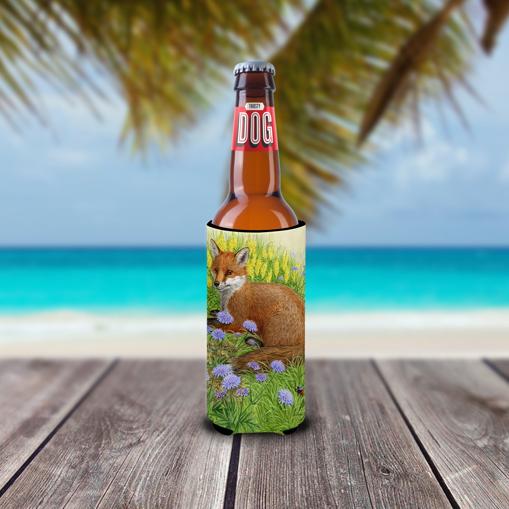 Springtime Fox Slim Can Hugger , Insulated Foam Hugger for 12 oz Slim Cans, Beer Bottles & Water Bottles, Printed in USA