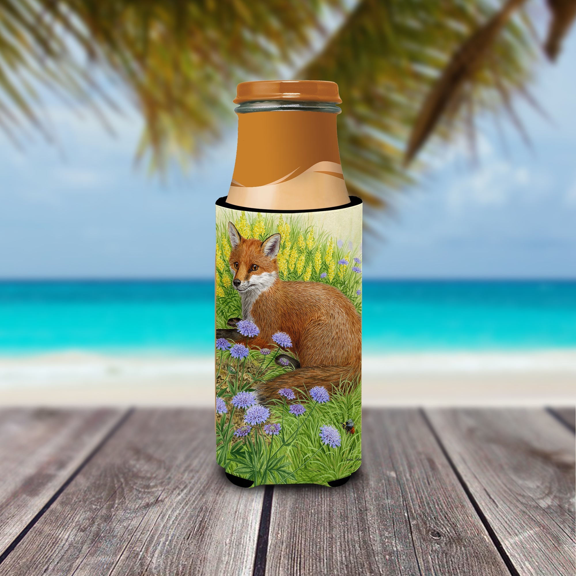 Springtime Fox Slim Can Hugger , Insulated Foam Hugger for 12 oz Slim Cans, Beer Bottles & Water Bottles, Printed in USA