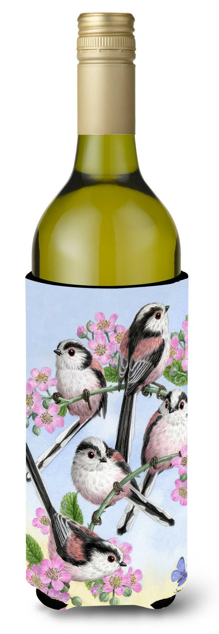 Party of 5 Long Tailed Tits Wine Bottle Hugger Gift Sleeve for Standard 750 ml Bottles, Insulated Reusable Also Fits Mini Shot & Pint Bottles