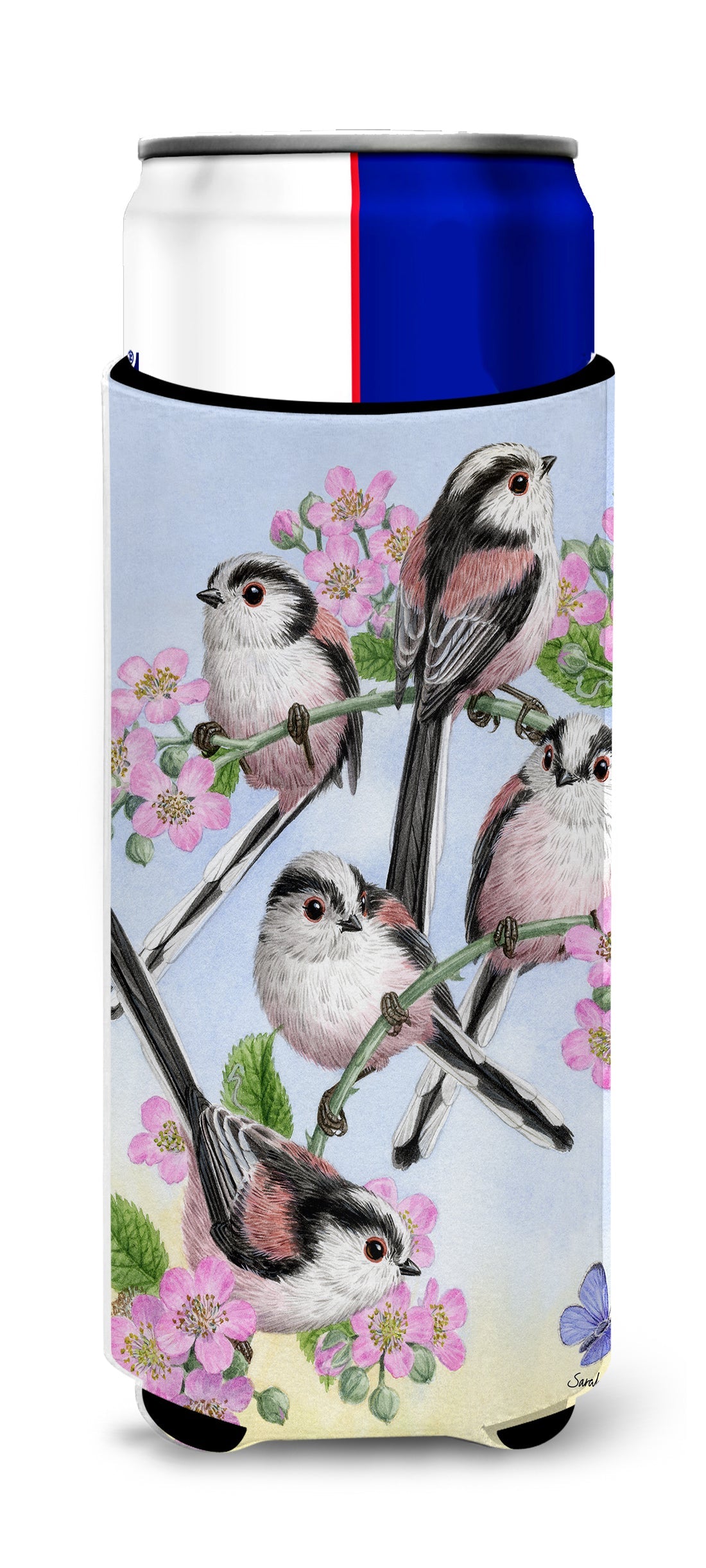 Party of 5 Long Tailed Tits Slim Can Hugger , Insulated Foam Hugger for 12 oz Slim Cans, Beer Bottles & Water Bottles, Printed in USA