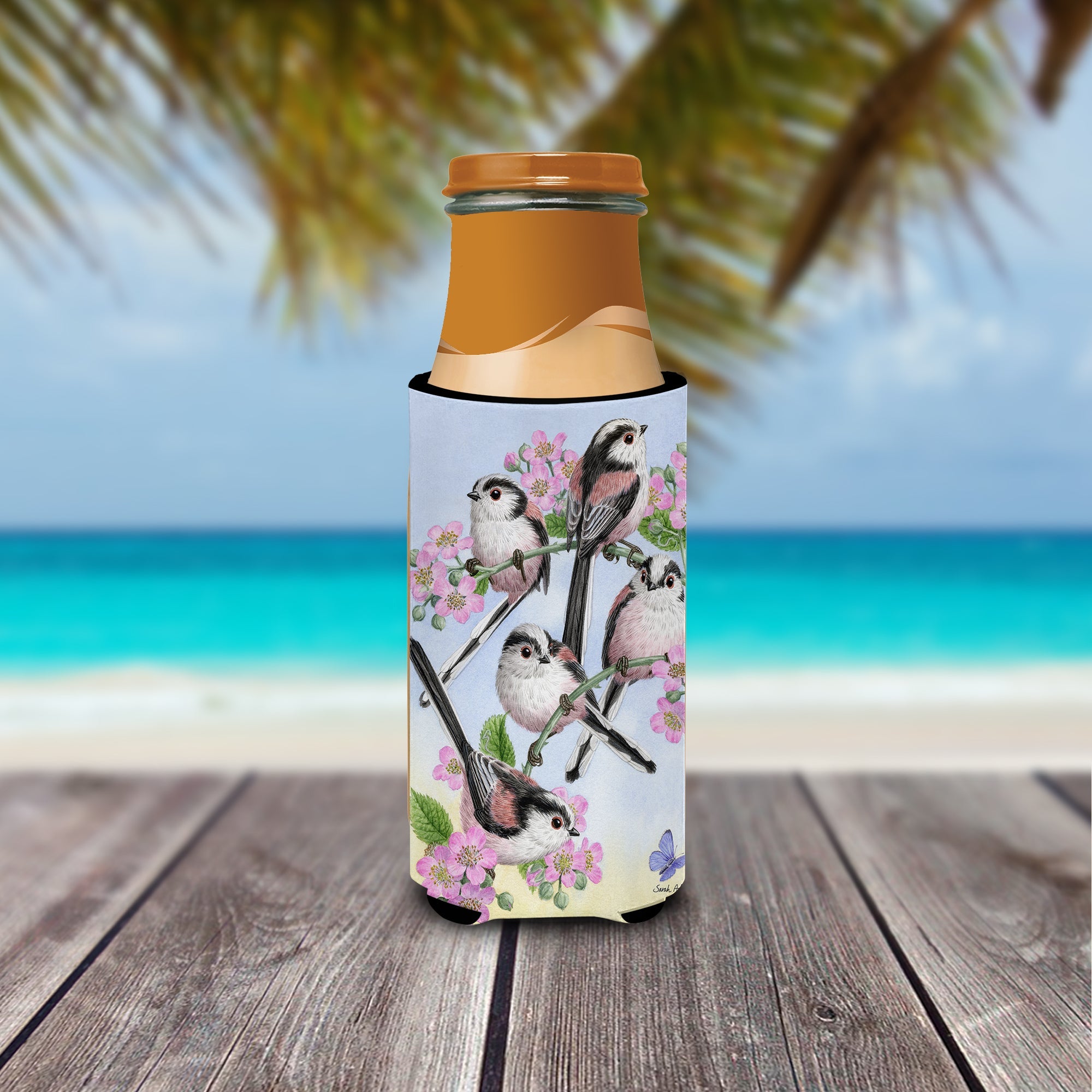 Party of 5 Long Tailed Tits Slim Can Hugger , Insulated Foam Hugger for 12 oz Slim Cans, Beer Bottles & Water Bottles, Printed in USA