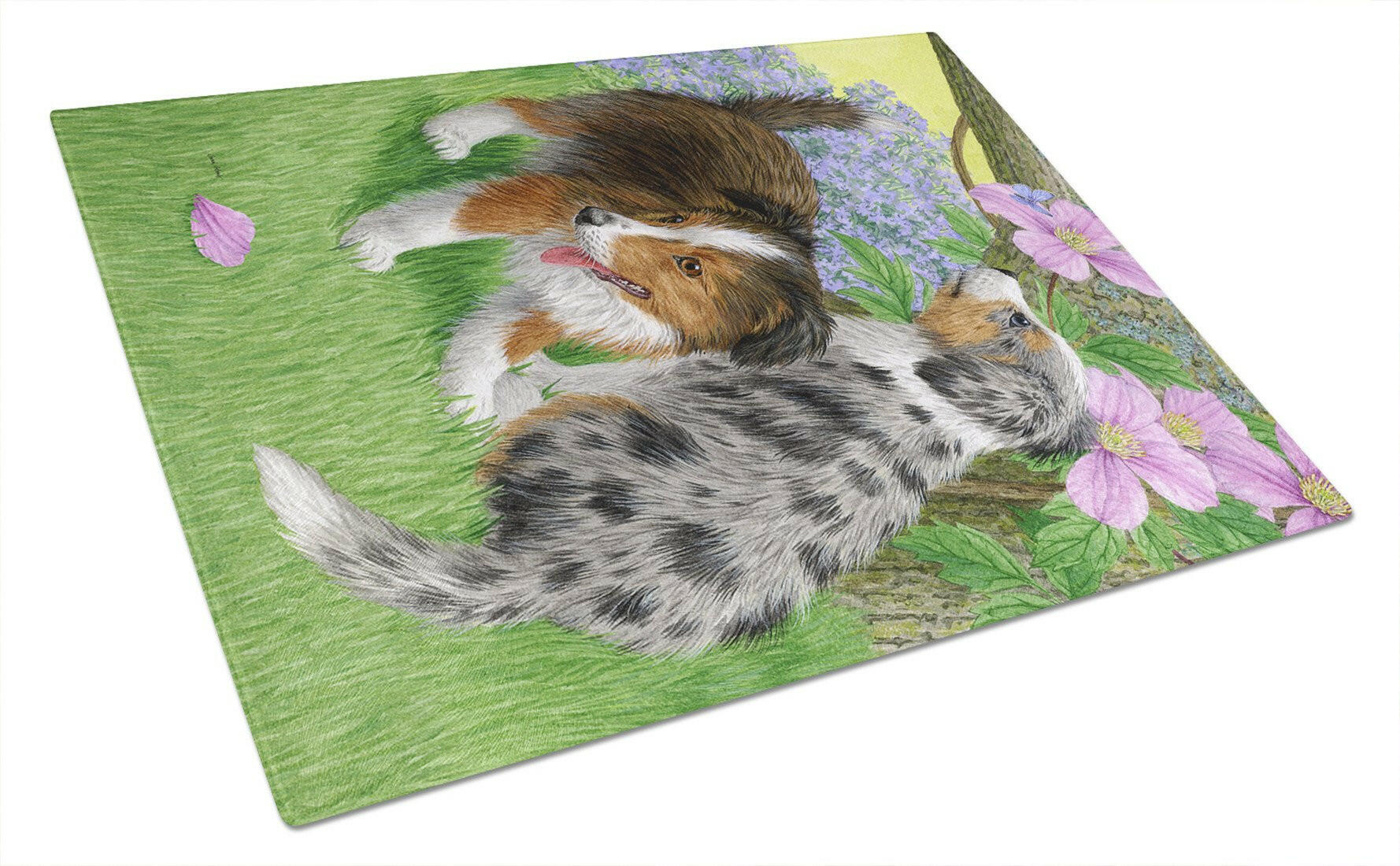 Sheltie Puppies Cutting Board Tempered Glass Kitchen Cutting Surface, Heat Resistant Chopping, Non-Slip Feet, Food Prep & Serving