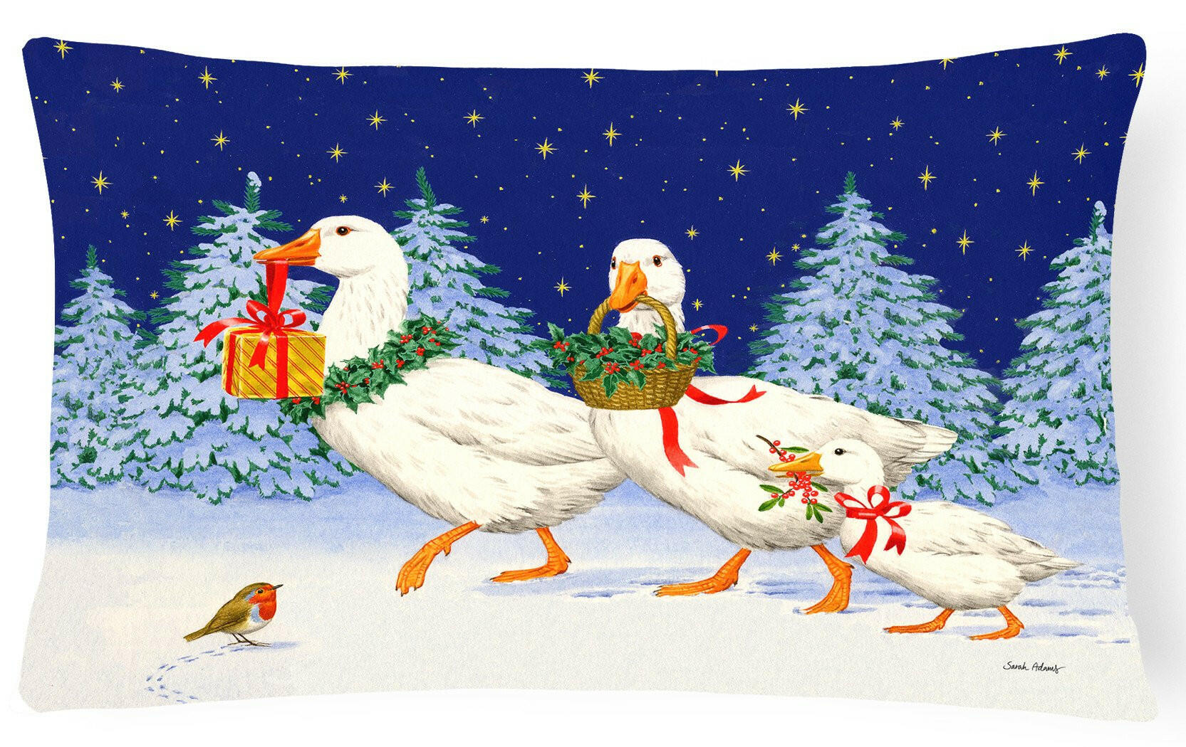 Three Geese & Gifts Decorative Throw Pillow 12x16 Indoor Outdoor Accent Cushion, Fabric Cover with Insert for Sofa, Bed, Porch & Living Room