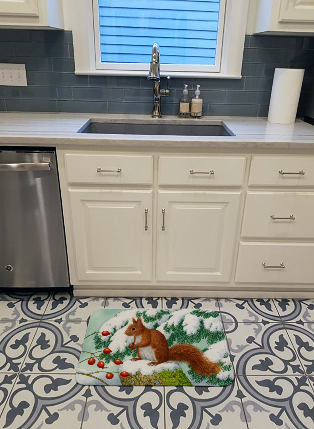 Winter Red Squirrel Memory Foam Kitchen Mat Machine Washable Anti-Fatigue Cushion Comfort Bath or Kitchen Rug