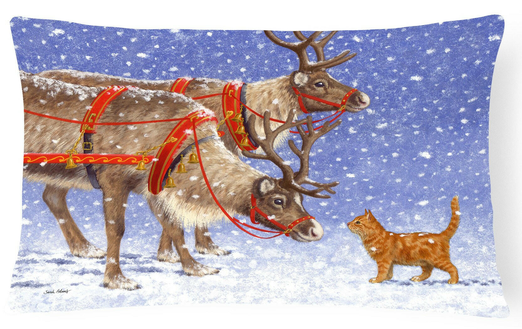 Reindeer & Cat Decorative Throw Pillow 12x16 Indoor Outdoor Accent Cushion, Fabric Cover with Insert for Sofa, Bed, Porch & Living Room