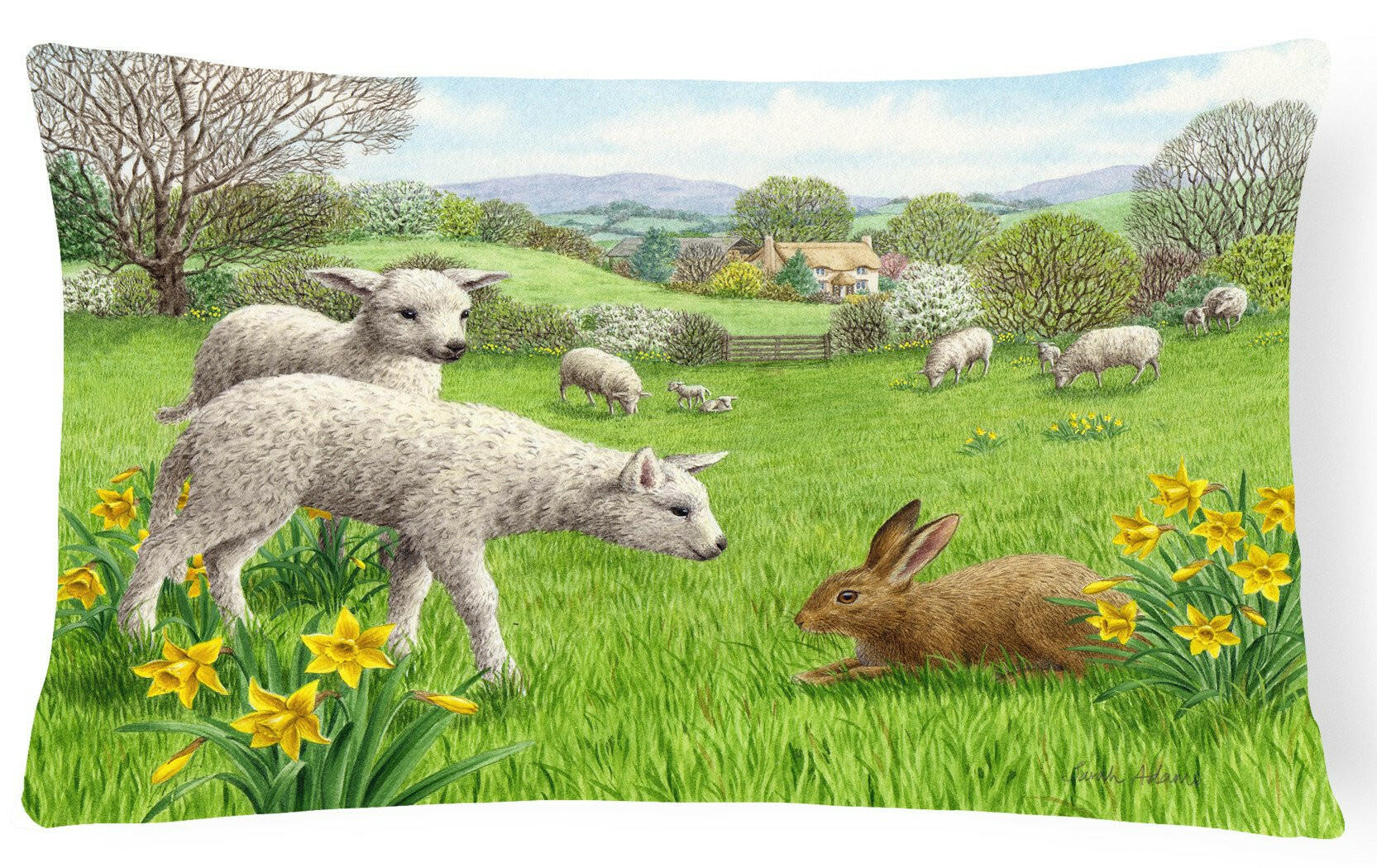 Lambs, Sheep and Rabbit Hare Decorative Throw Pillow 12x16 Indoor Outdoor Accent Cushion, Fabric Cover with Insert for Sofa, Bed, Porch & Living Room