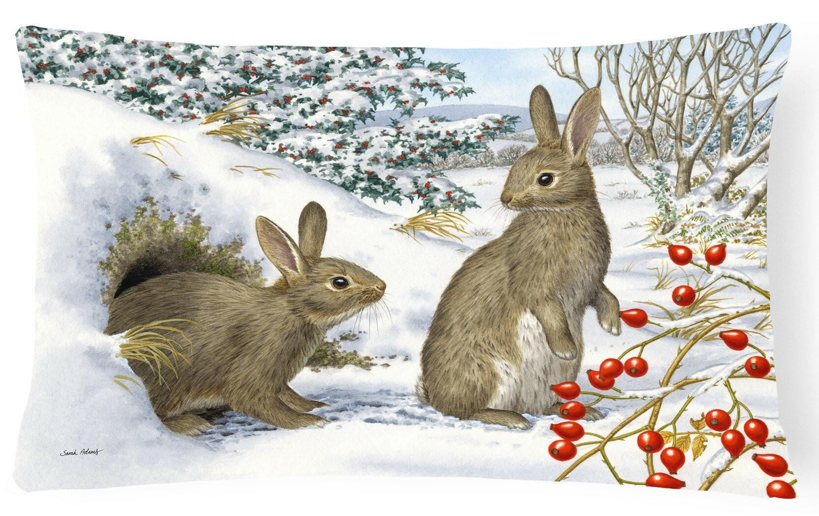 Winter Rabbits Decorative Throw Pillow 12x16 Indoor Outdoor Accent Cushion, Fabric Cover with Insert for Sofa, Bed, Porch & Living Room