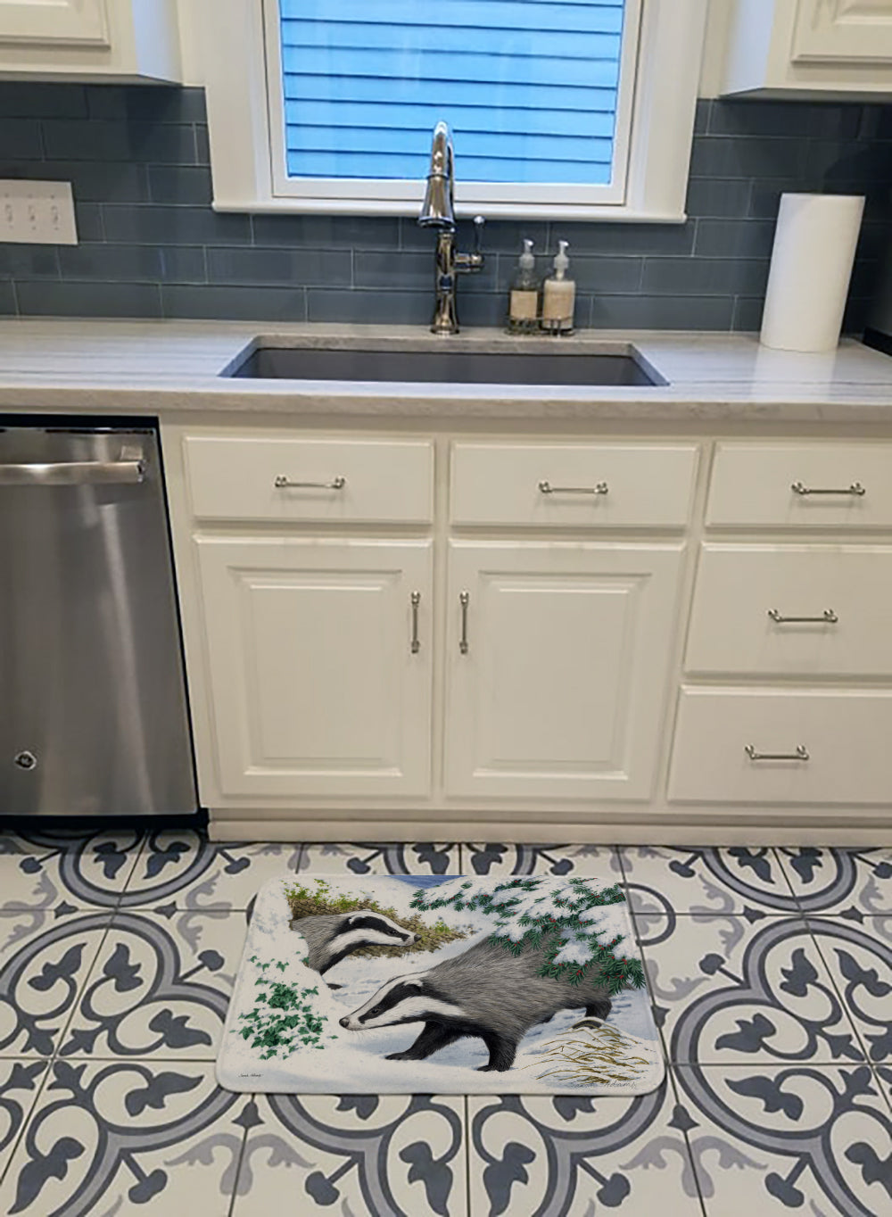 Badgers in the snow Memory Foam Kitchen Mat Machine Washable Anti-Fatigue Cushion Comfort Bath or Kitchen Rug