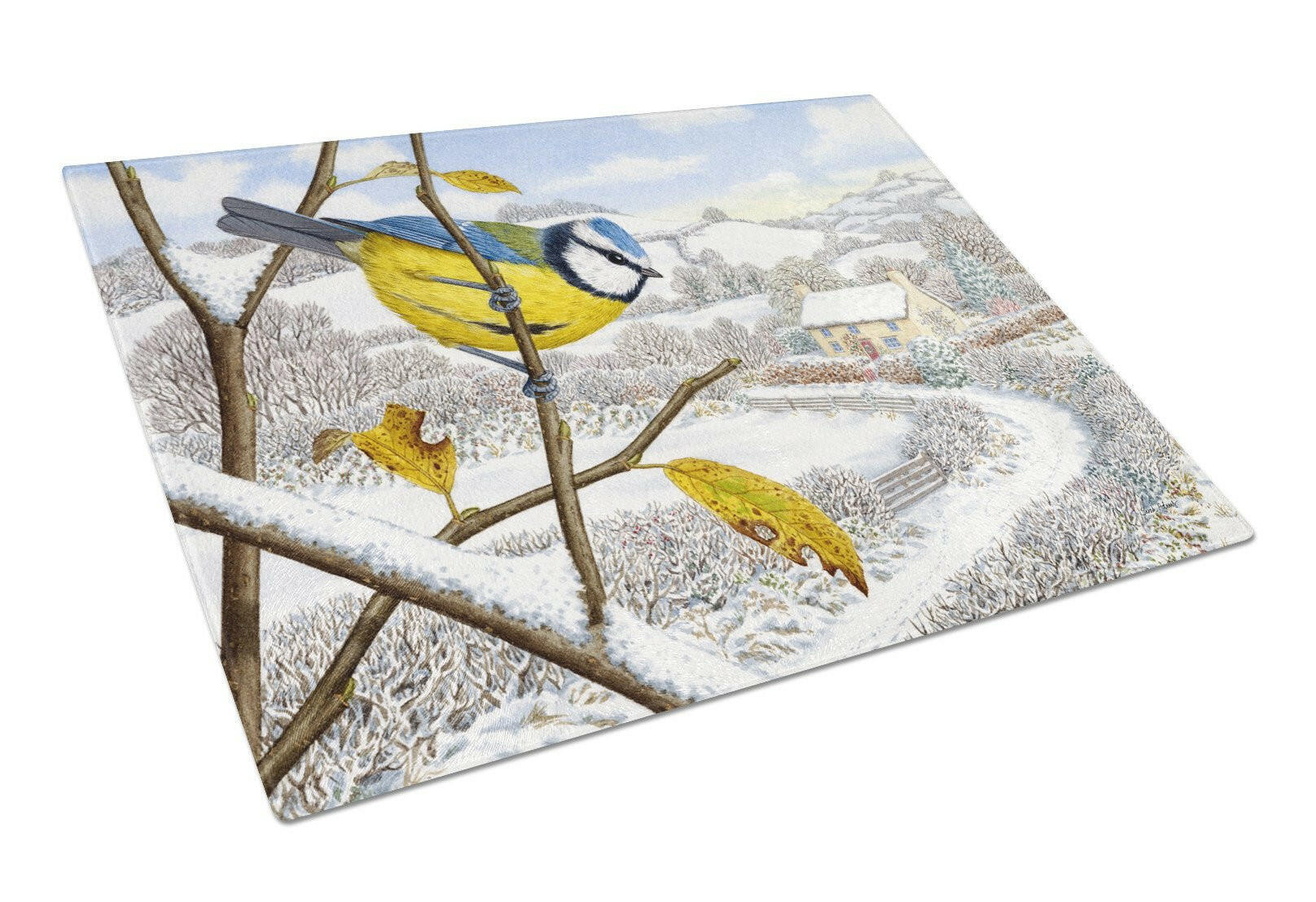 Winter Eurasian Blue Tit Cutting Board Tempered Glass Kitchen Cutting Surface, Heat Resistant Chopping, Non-Slip Feet, Food Prep & Serving