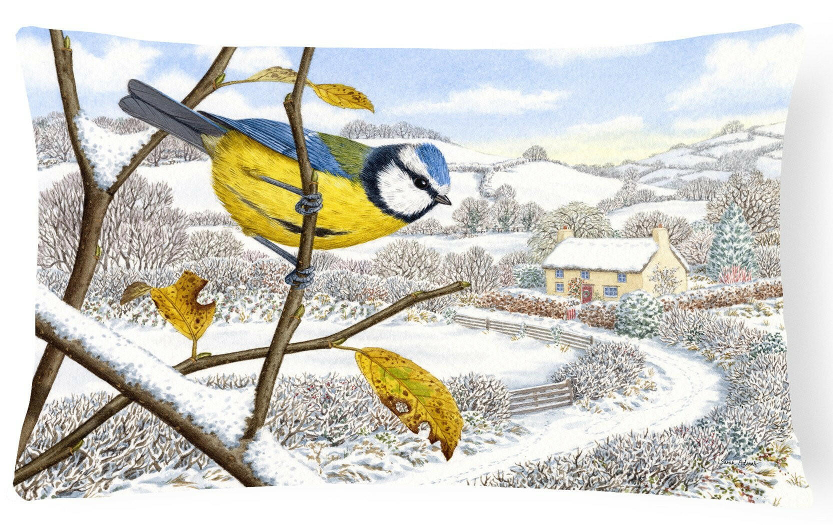 Winter Eurasian Blue Tit Decorative Throw Pillow 12x16 Indoor Outdoor Accent Cushion, Fabric Cover with Insert for Sofa, Bed, Porch & Living Room