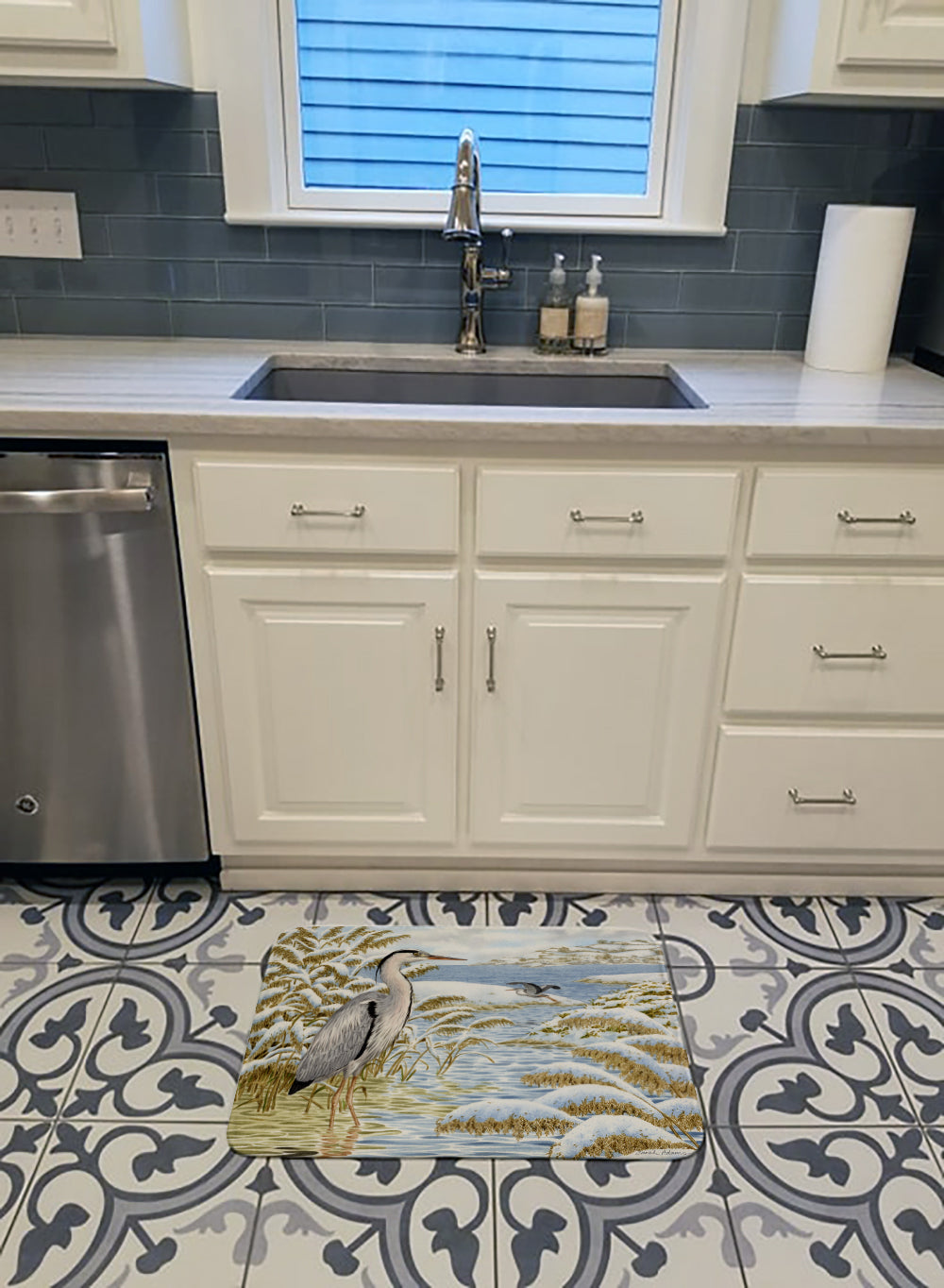 Blue Heron by the Water Memory Foam Kitchen Mat Machine Washable Anti-Fatigue Cushion Comfort Bath or Kitchen Rug