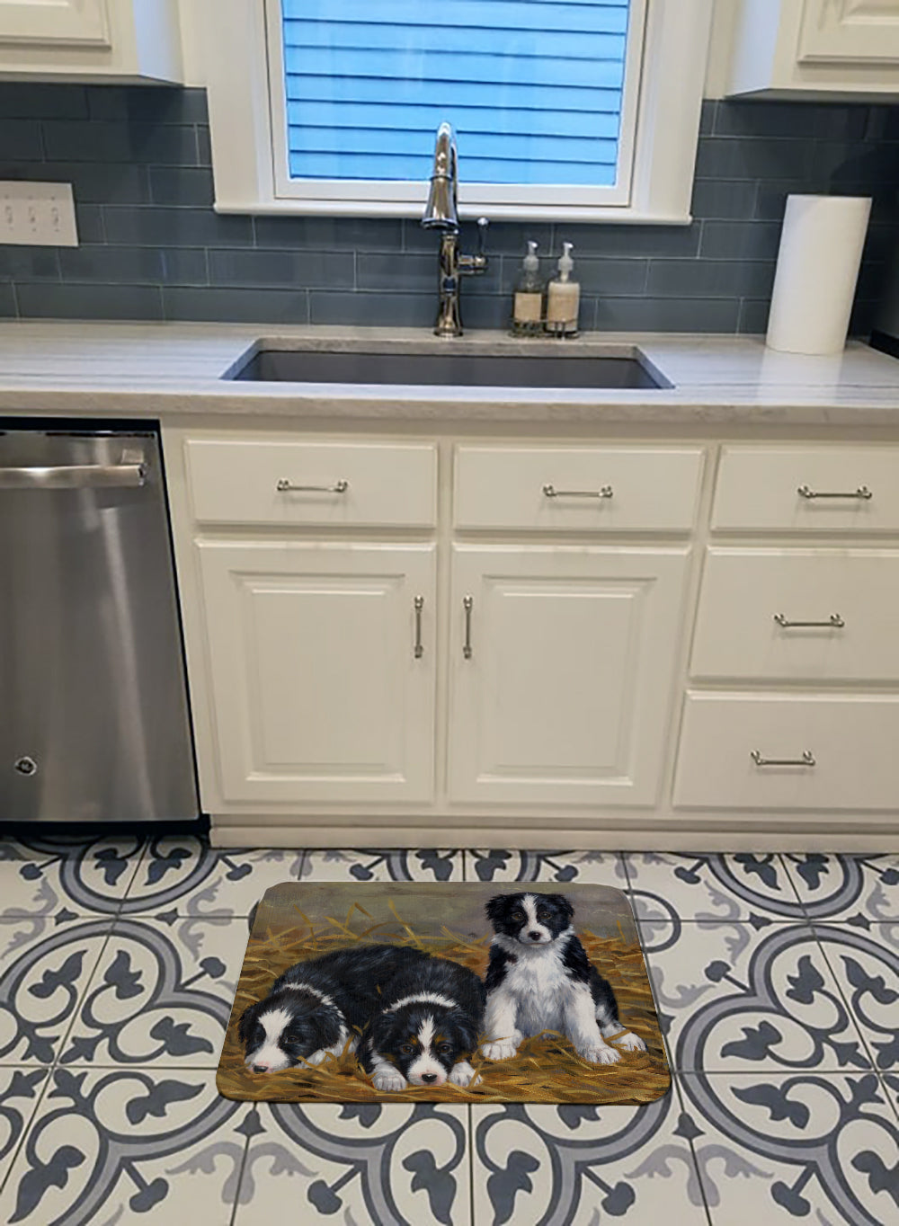 Border Collie Puppies Memory Foam Kitchen Mat Machine Washable Anti-Fatigue Cushion Comfort Bath or Kitchen Rug