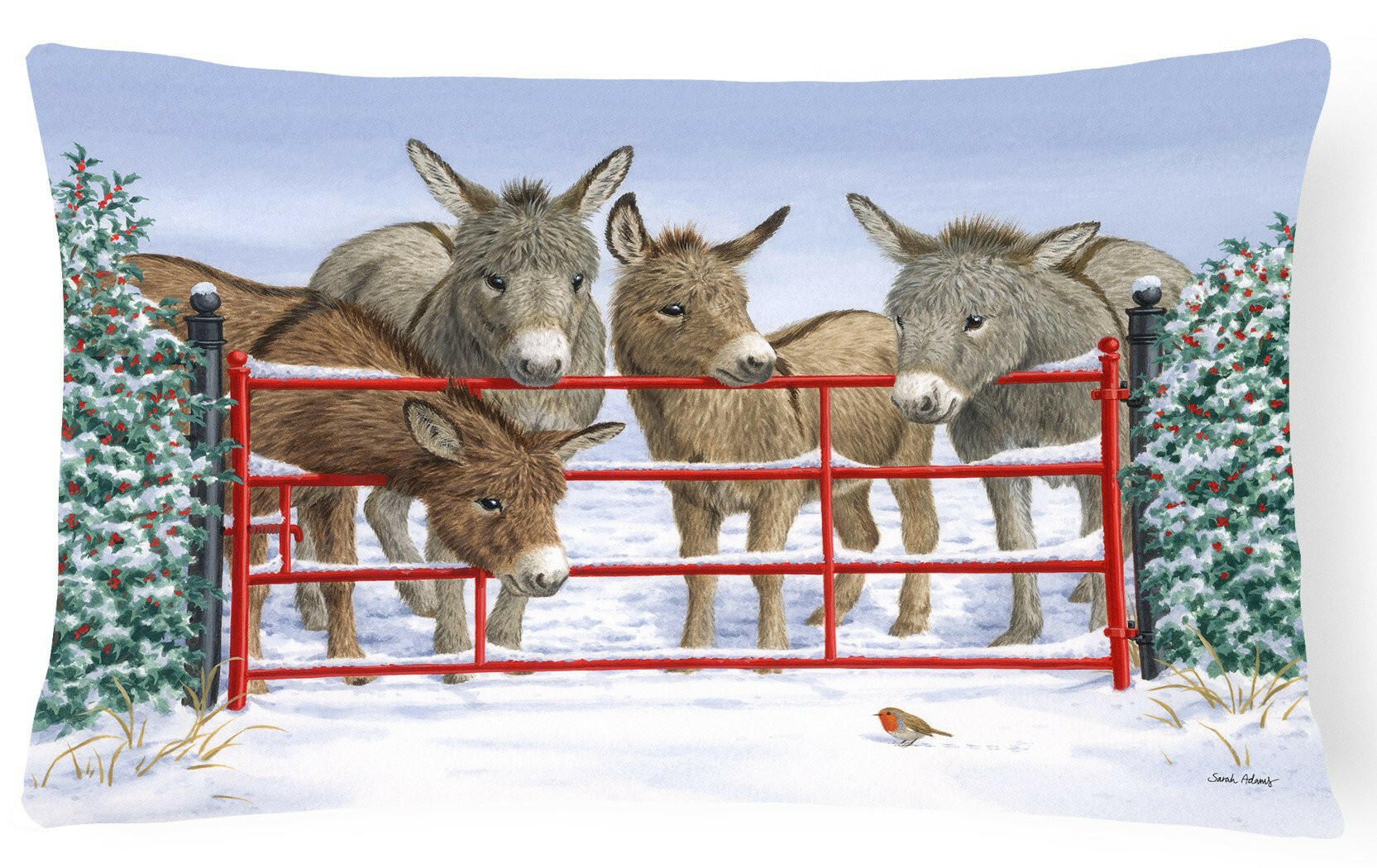 Donkeys and Robin Decorative Throw Pillow 12x16 Indoor Outdoor Accent Cushion, Fabric Cover with Insert for Sofa, Bed, Porch & Living Room