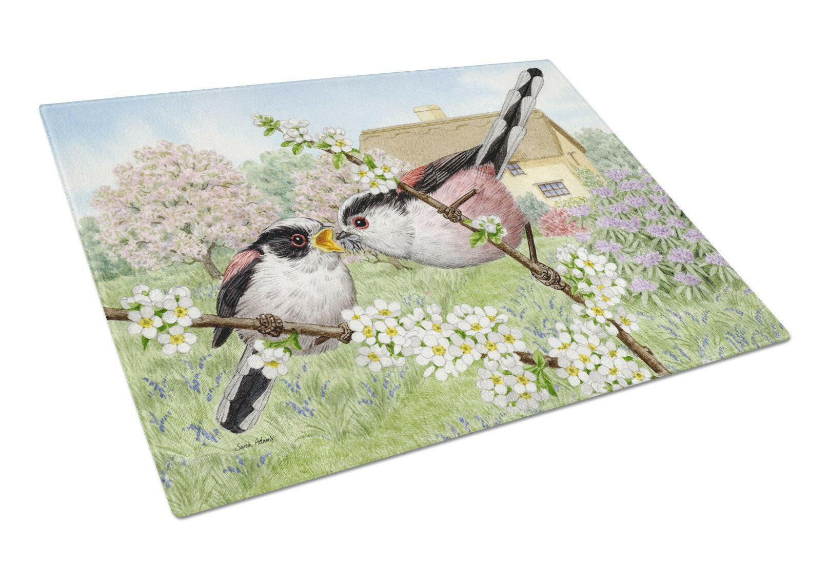 Long Tailed Tits Cutting Board Tempered Glass Kitchen Cutting Surface, Heat Resistant Chopping, Non-Slip Feet, Food Prep & Serving