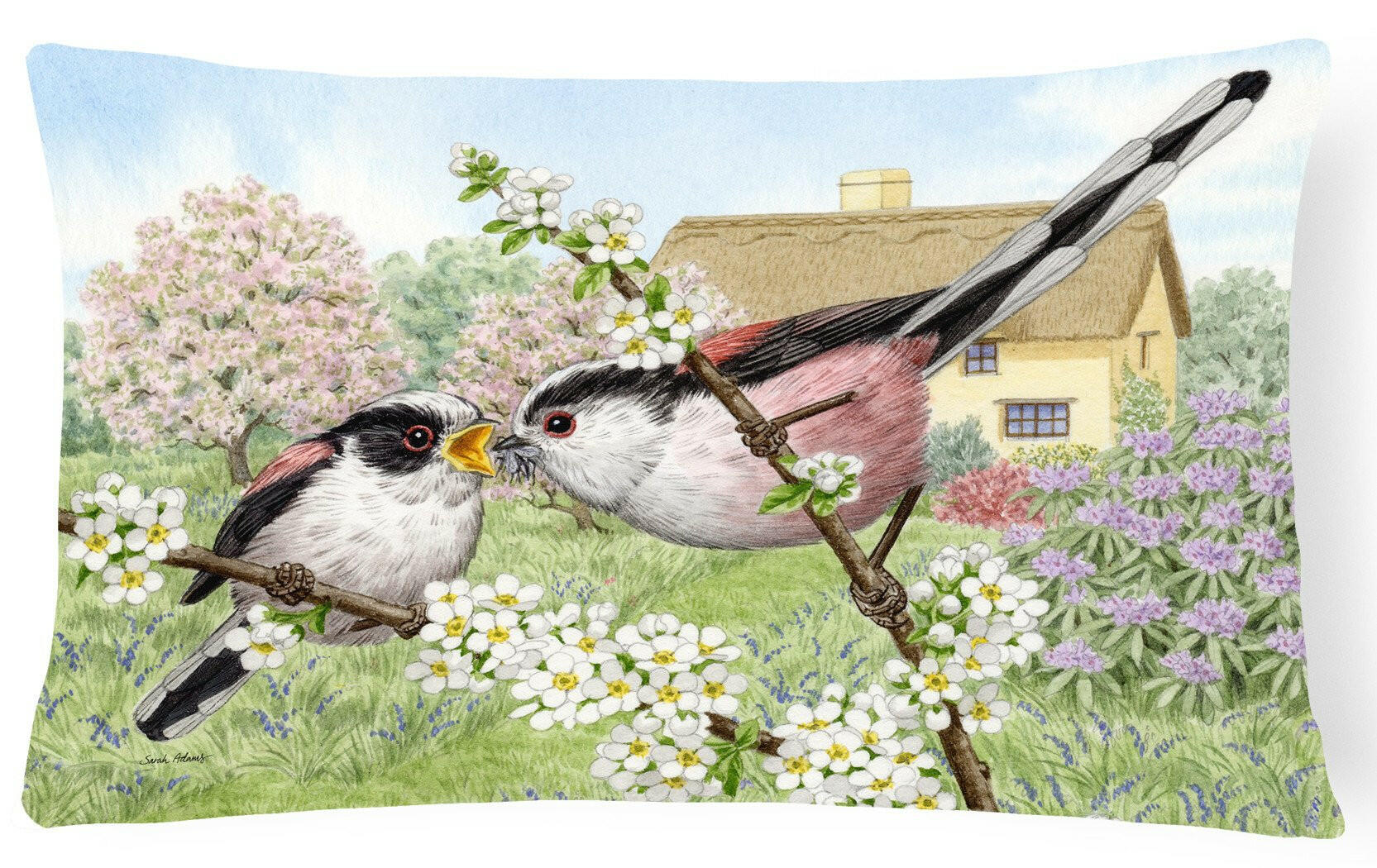 Long Tailed Tits Decorative Throw Pillow 12x16 Indoor Outdoor Accent Cushion, Fabric Cover with Insert for Sofa, Bed, Porch & Living Room