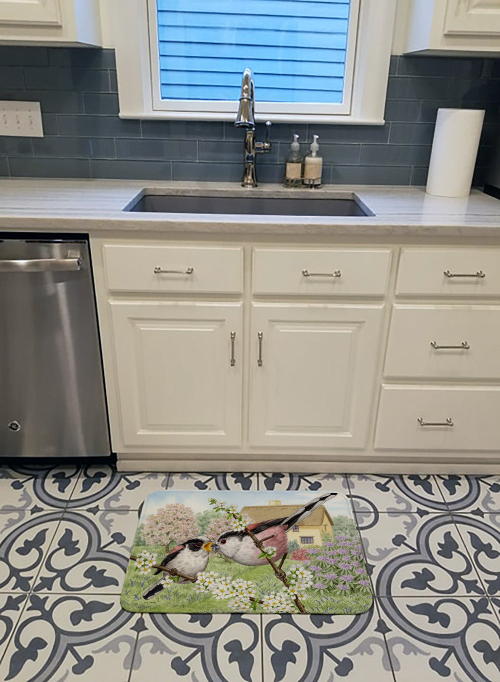 Long Tailed Tits Memory Foam Kitchen Mat Machine Washable Anti-Fatigue Cushion Comfort Bath or Kitchen Rug