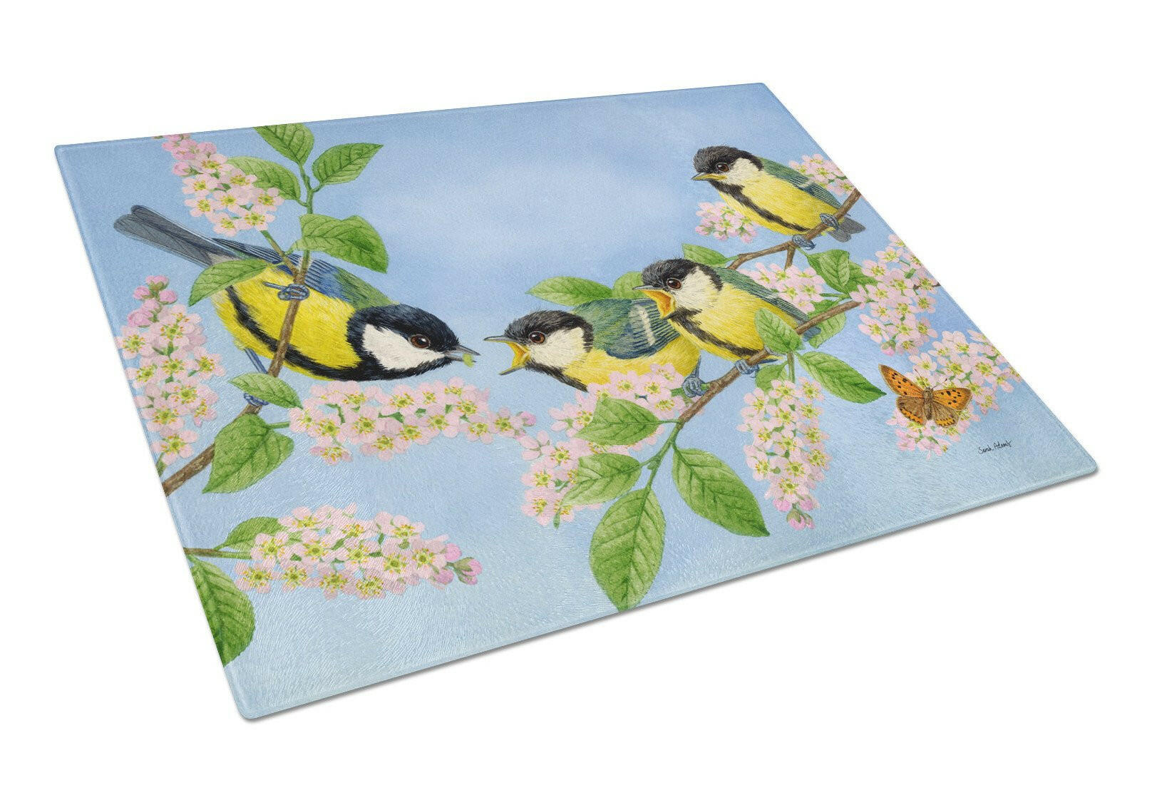Great Tit Family of Birds Cutting Board Tempered Glass Kitchen Cutting Surface, Heat Resistant Chopping, Non-Slip Feet, Food Prep & Serving
