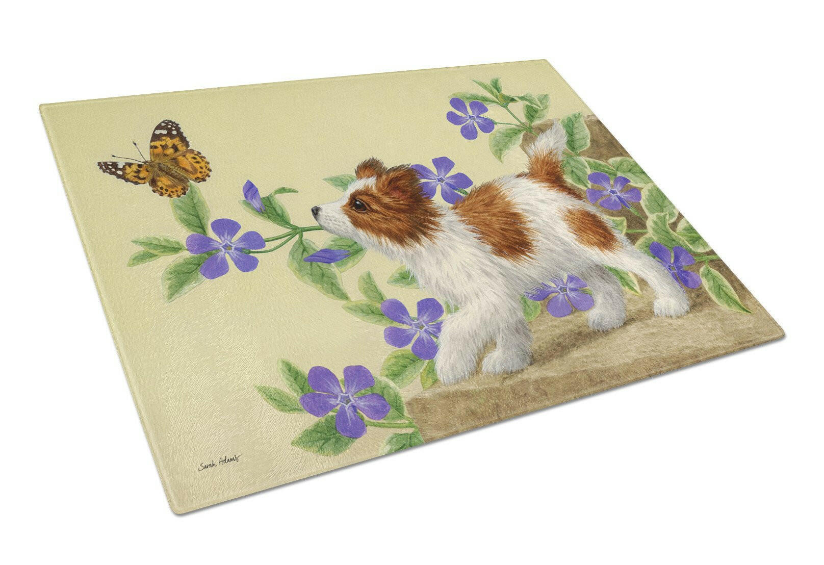 Papillon Pup Cutting Board Tempered Glass Kitchen Cutting Surface, Heat Resistant Chopping, Non-Slip Feet, Food Prep & Serving