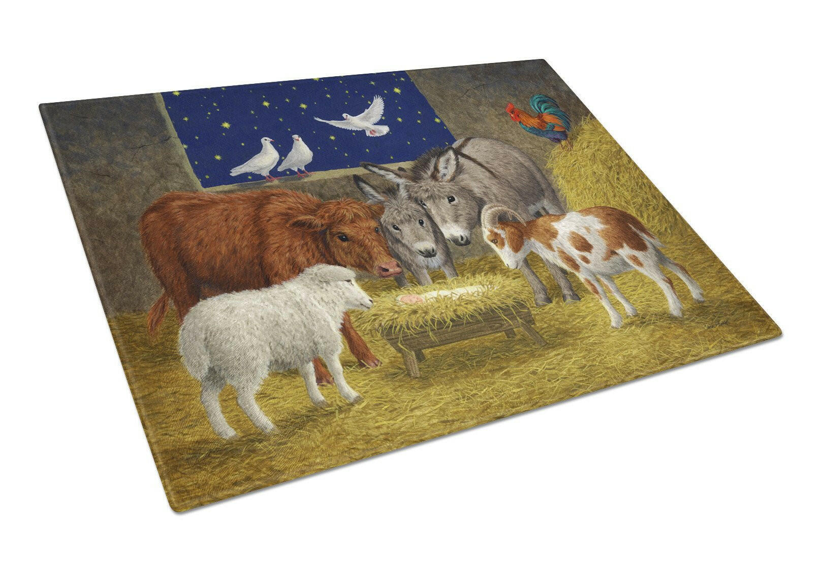 Animals at Crib Nativity Christmas Scene Cutting Board Tempered Glass Kitchen Cutting Surface, Heat Resistant Chopping, Non-Slip Feet, Food Prep & Serving