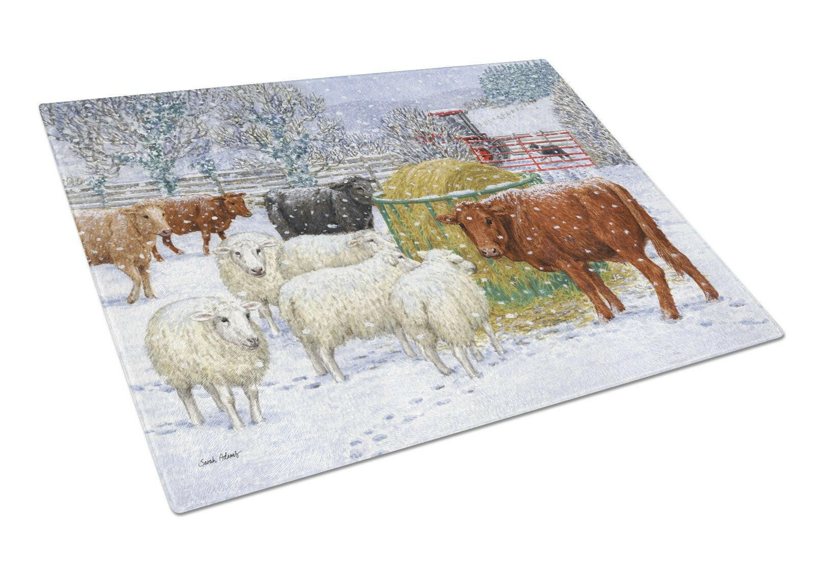 Cows and Sheep in the Snow Cutting Board Tempered Glass Kitchen Cutting Surface, Heat Resistant Chopping, Non-Slip Feet, Food Prep & Serving
