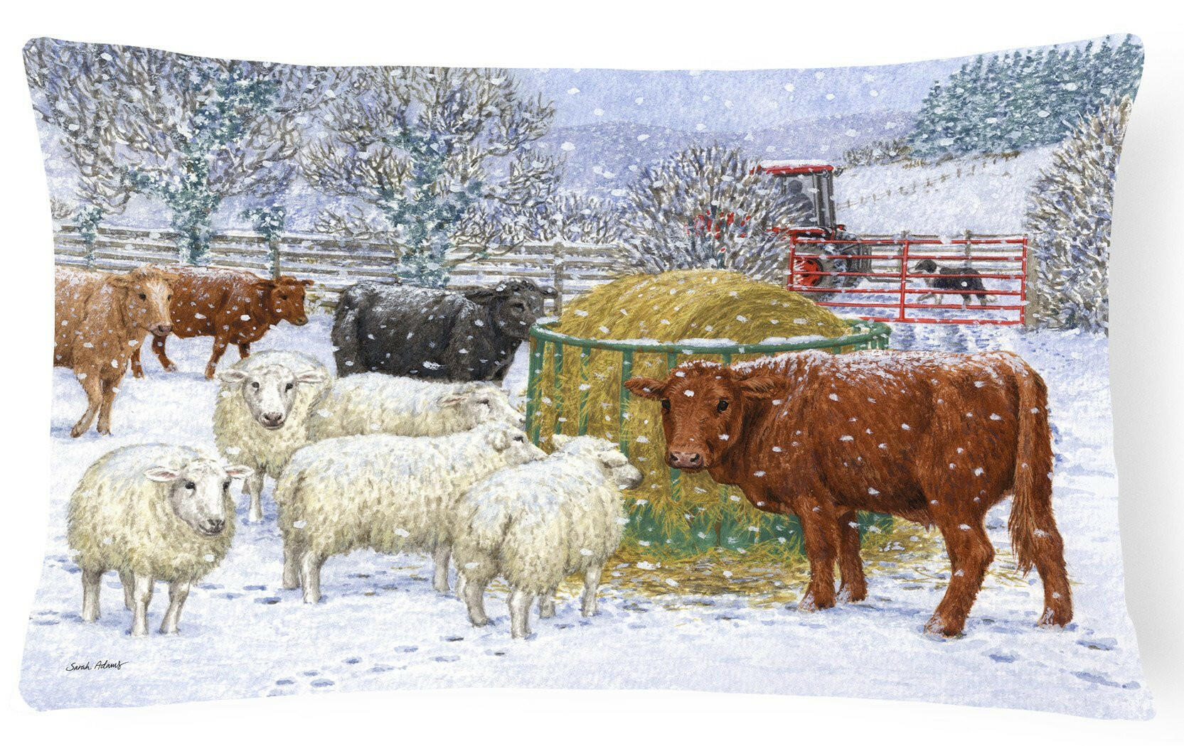 Cows and Sheep in the Snow Decorative Throw Pillow 12x16 Indoor Outdoor Accent Cushion, Fabric Cover with Insert for Sofa, Bed, Porch & Living Room