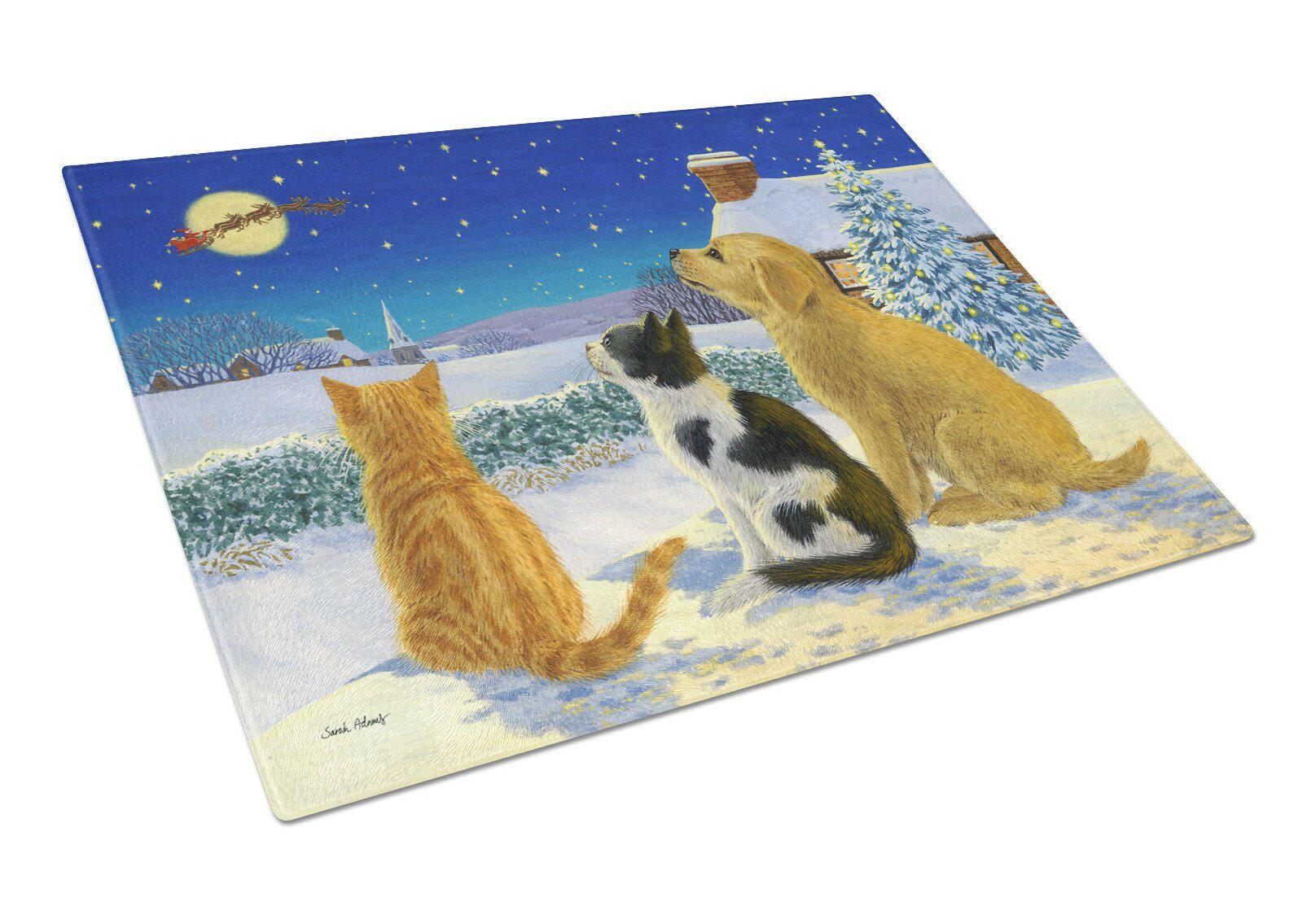 Golden Retriever and kittens Watching Santa Cutting Board Tempered Glass Kitchen Cutting Surface, Heat Resistant Chopping, Non-Slip Feet, Food Prep & Serving