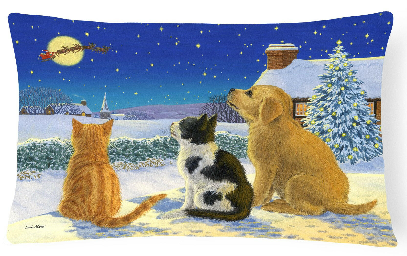 Golden Retriever and kittens Watching Santa Decorative Throw Pillow 12x16 Indoor Outdoor Accent Cushion, Fabric Cover with Insert for Sofa, Bed, Porch & Living Room