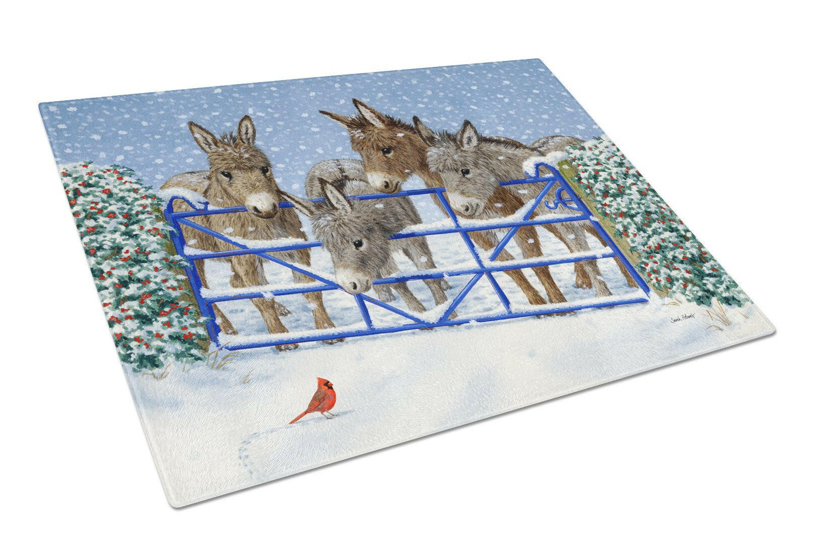 Donkeys and Cardinal Cutting Board Tempered Glass Kitchen Cutting Surface, Heat Resistant Chopping, Non-Slip Feet, Food Prep & Serving