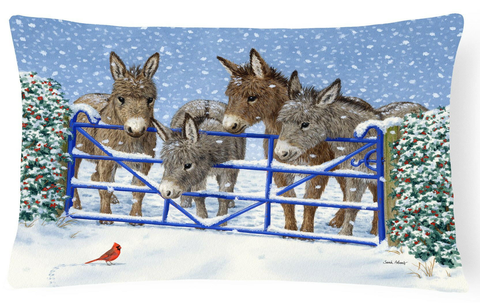 Donkeys and Cardinal Decorative Throw Pillow 12x16 Indoor Outdoor Accent Cushion, Fabric Cover with Insert for Sofa, Bed, Porch & Living Room