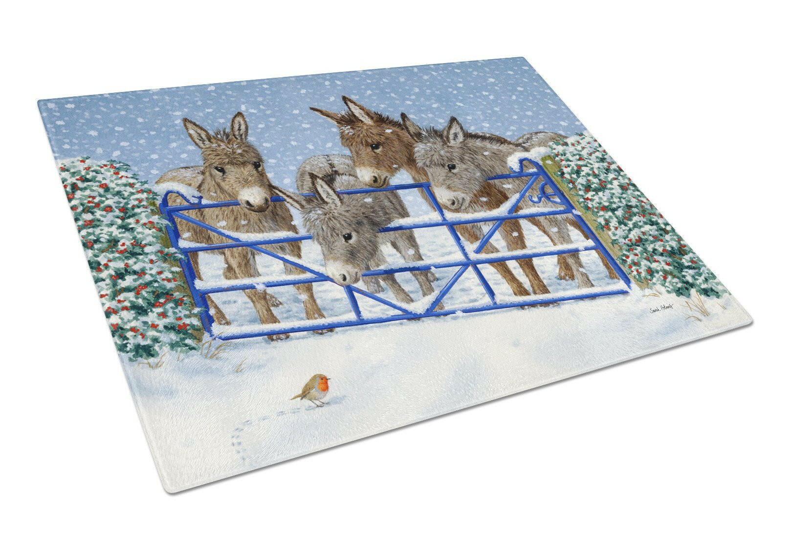 Donkeys and Robin at the Fence Cutting Board Tempered Glass Kitchen Cutting Surface, Heat Resistant Chopping, Non-Slip Feet, Food Prep & Serving