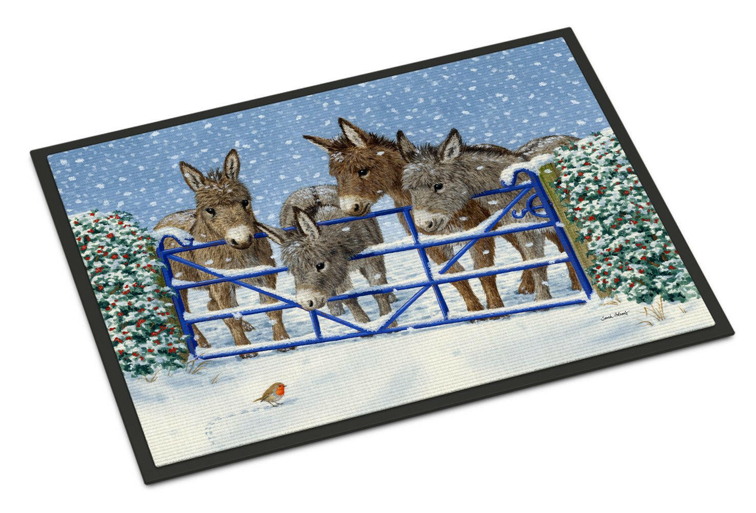 Donkeys and Robin at the Fence Doormat Indoor Outdoor 18H X 27W Front Door Mat Rugs for Entryway, Non Slip Washable