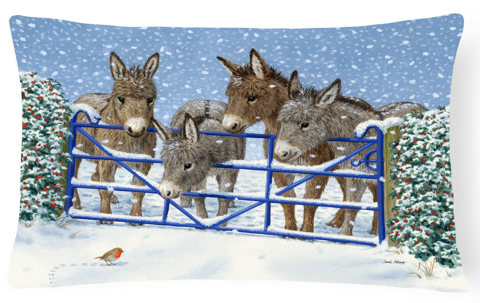 Donkeys and Robin at the Fence Decorative Throw Pillow 12x16 Indoor Outdoor Accent Cushion, Fabric Cover with Insert for Sofa, Bed, Porch & Living Room