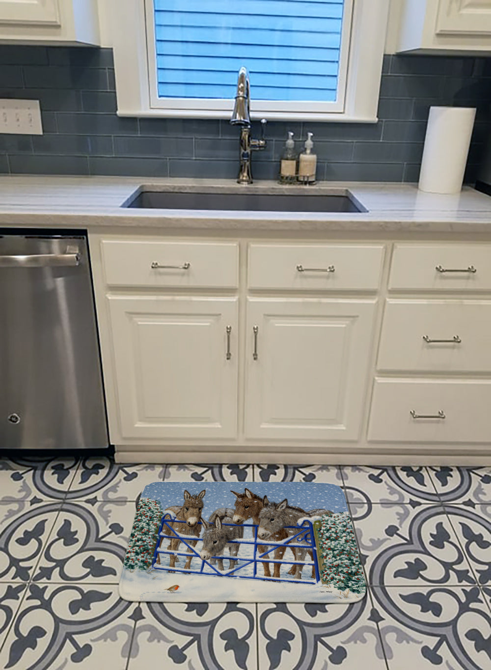 Donkeys and Robin at the Fence Memory Foam Kitchen Mat Machine Washable Anti-Fatigue Cushion Comfort Bath or Kitchen Rug