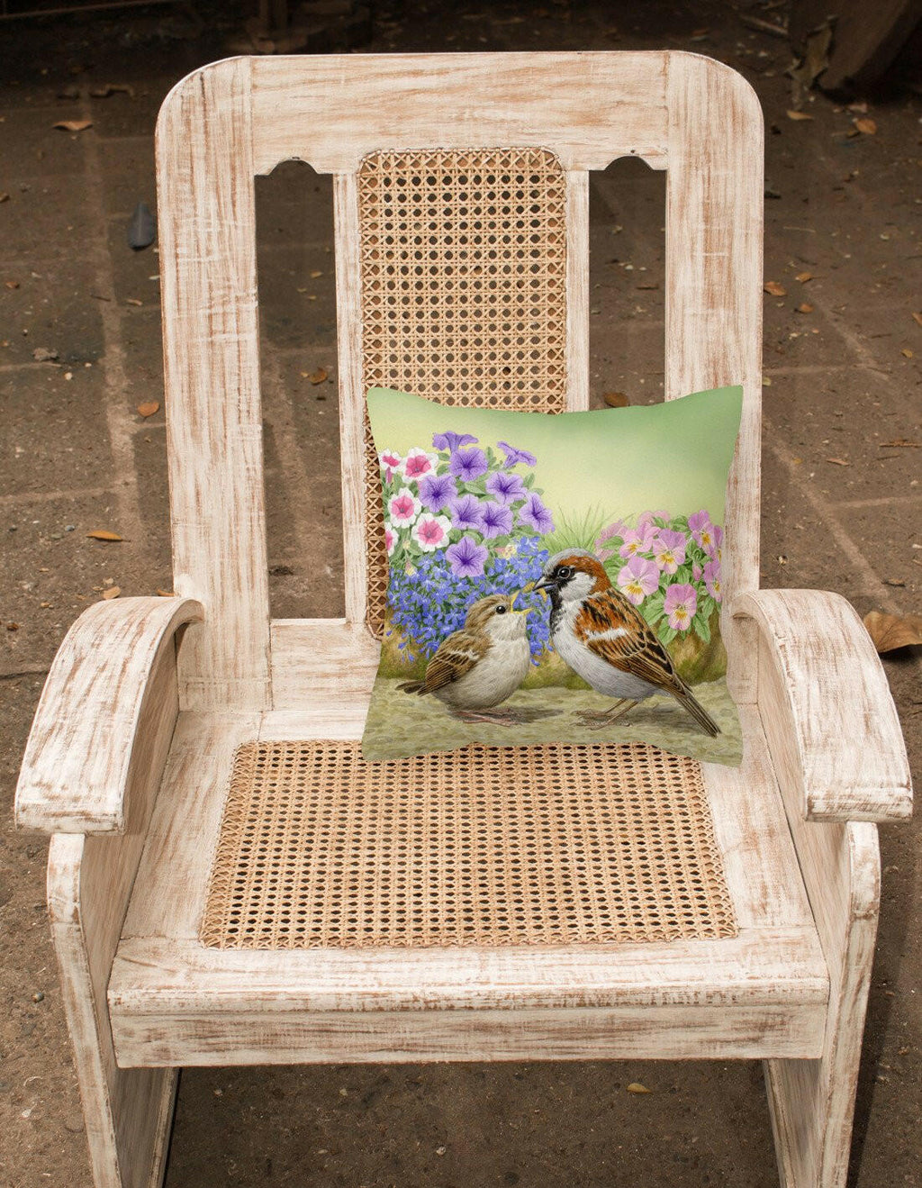 House Sparrows Feeding Time Decorative Throw Pillow 14x14 Indoor Outdoor Accent Cushion, Fabric Cover with Insert for Sofa, Bed, Porch & Living Room