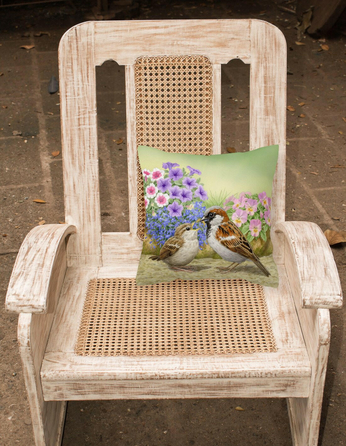 House Sparrows Feeding Time Decorative Throw Pillow 14x14 Indoor Outdoor Accent Cushion, Fabric Cover with Insert for Sofa, Bed, Porch & Living Room