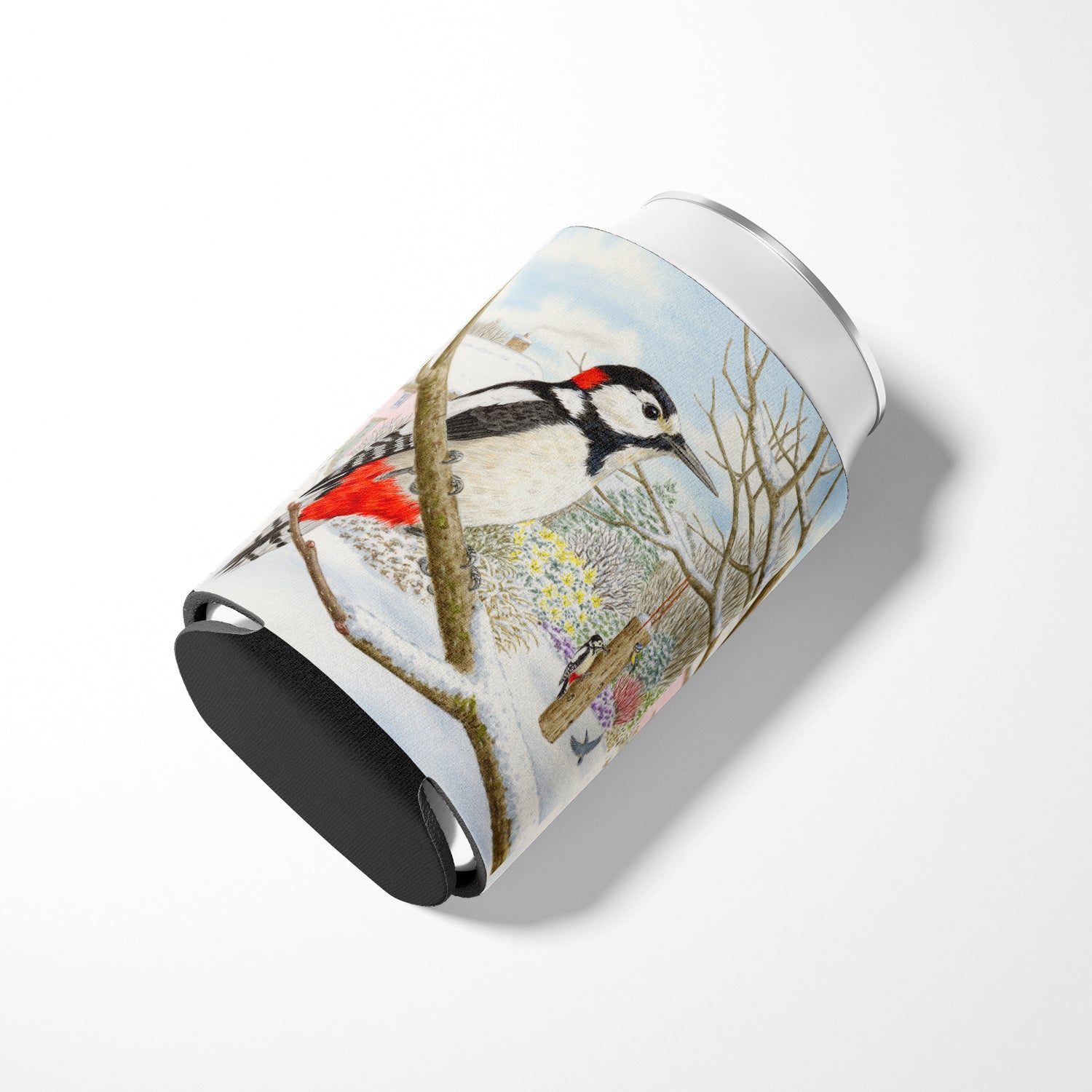 Spotted Woodpecker by Sarah Adams Can or Bottle Hugger Cooler Sleeve for Standard 12 oz Cans, Insulated Foam Beer & Soda Can Hugger Reusable