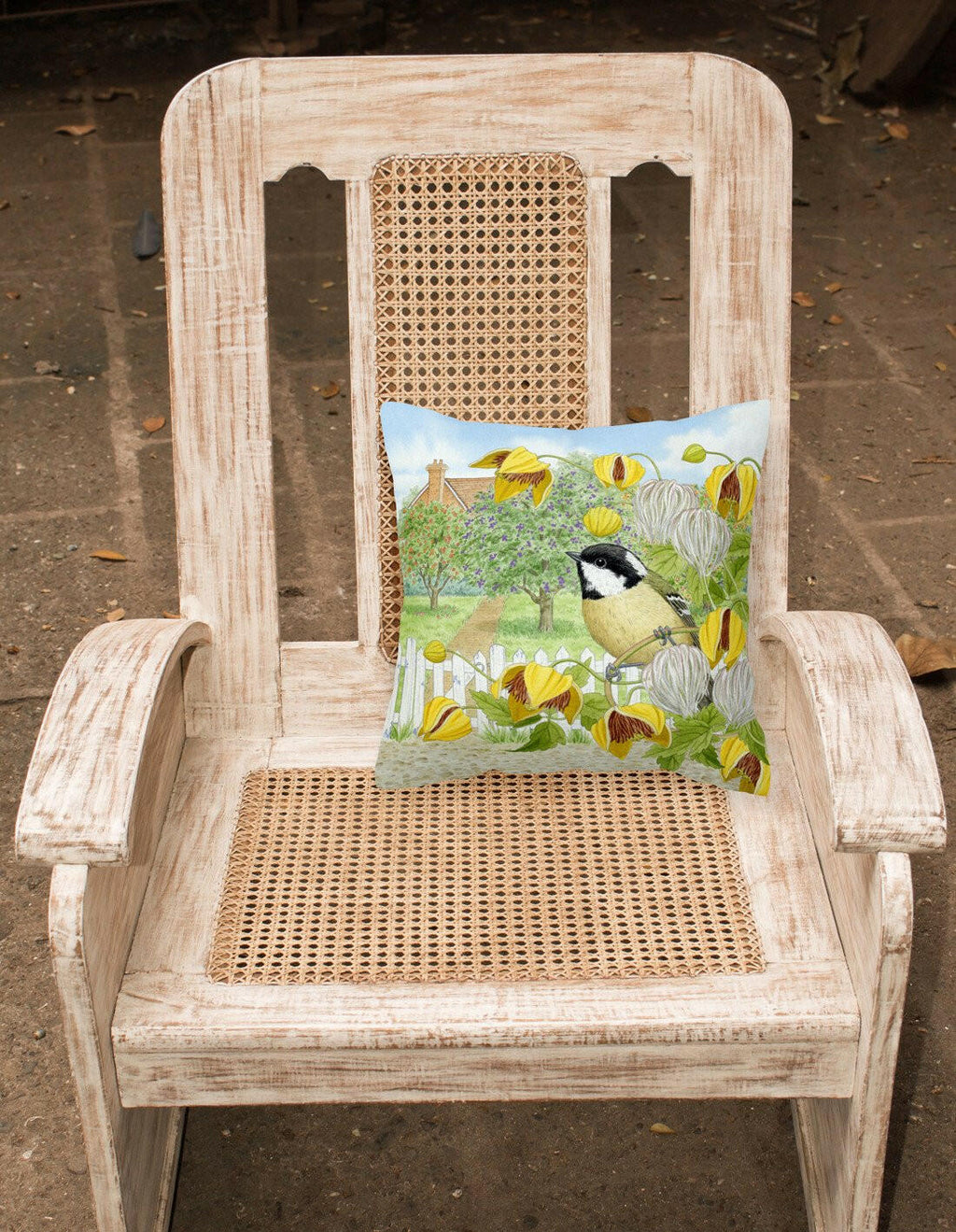Coal Tits Yellow Flowers Decorative Throw Pillow 14x14 Indoor Outdoor Accent Cushion, Fabric Cover with Insert for Sofa, Bed, Porch & Living Room
