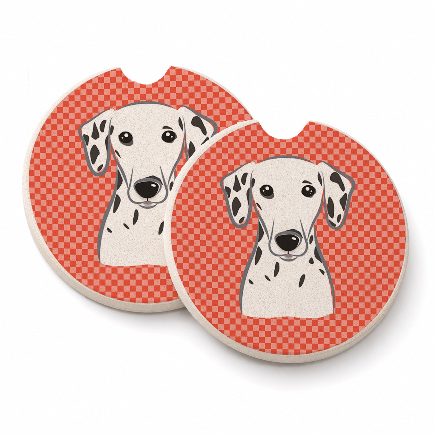 Red Checkered Dalmatian Set of 2 Cup Holder Car Coasters Absorbent Round Sandstone Coasters Gifts for Men or Women, 2.5, Multicolor