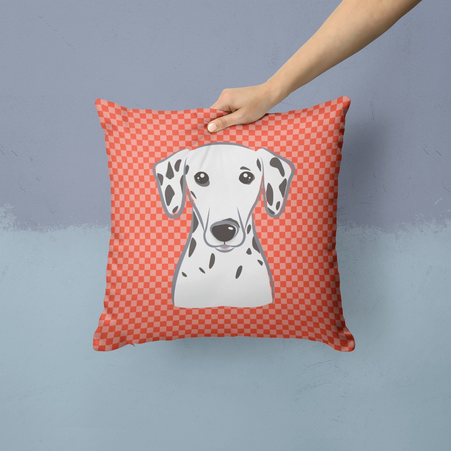 Red Checkered Dalmatian Decorative Throw Pillow 14x14 Indoor Outdoor Accent Cushion, Fabric Cover with Insert for Sofa, Bed, Porch & Living Room