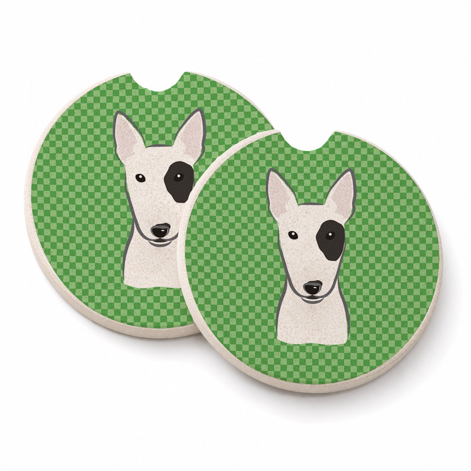 Green Checkered Bull Terrier Set of 2 Cup Holder Car Coasters Absorbent Round Sandstone Coasters Gifts for Men or Women, 2.5, Multicolor