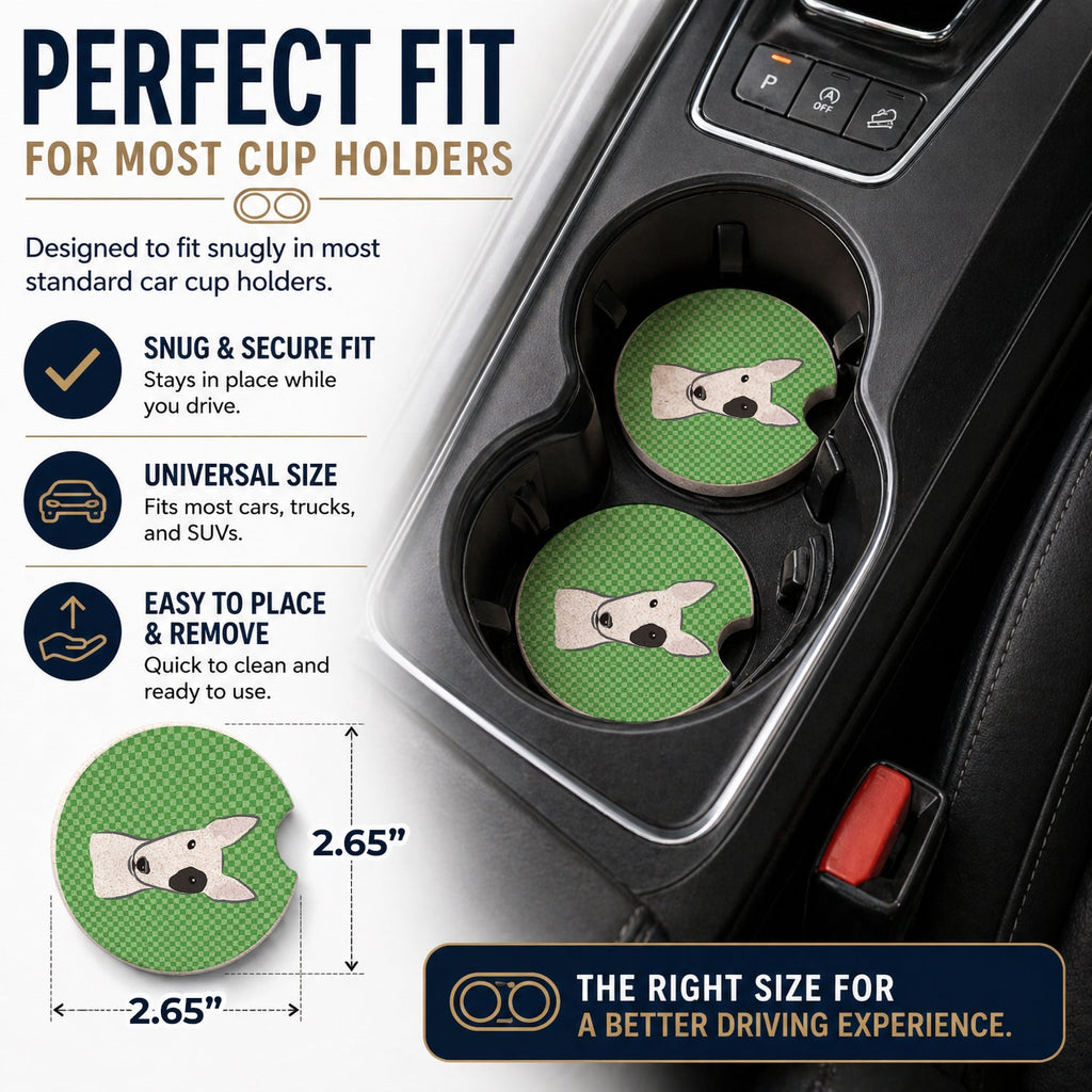 Green Checkered Bull Terrier Set of 2 Cup Holder Car Coasters Absorbent Round Sandstone Coasters Gifts for Men or Women, 2.5, Multicolor