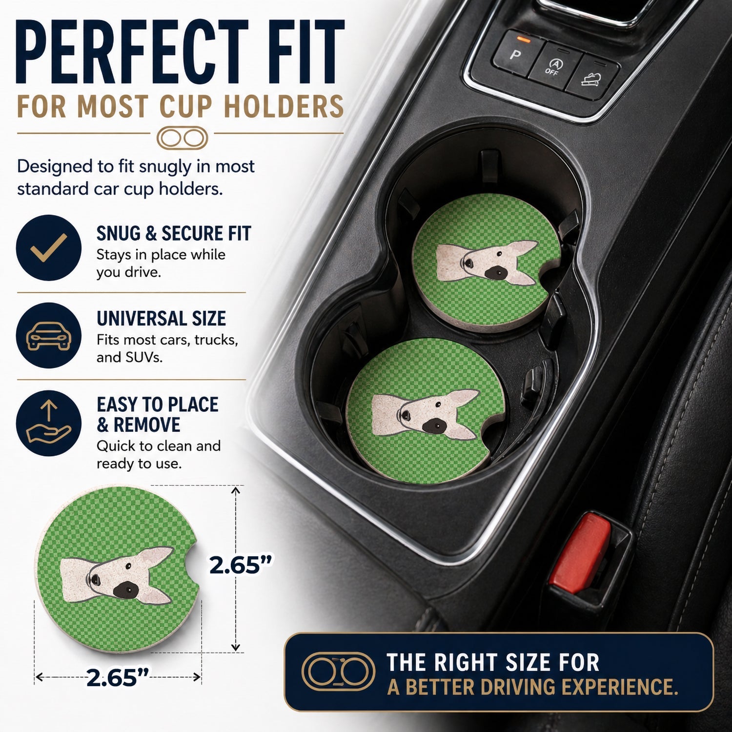 Green Checkered Bull Terrier Set of 2 Cup Holder Car Coasters Absorbent Round Sandstone Coasters Gifts for Men or Women, 2.5, Multicolor