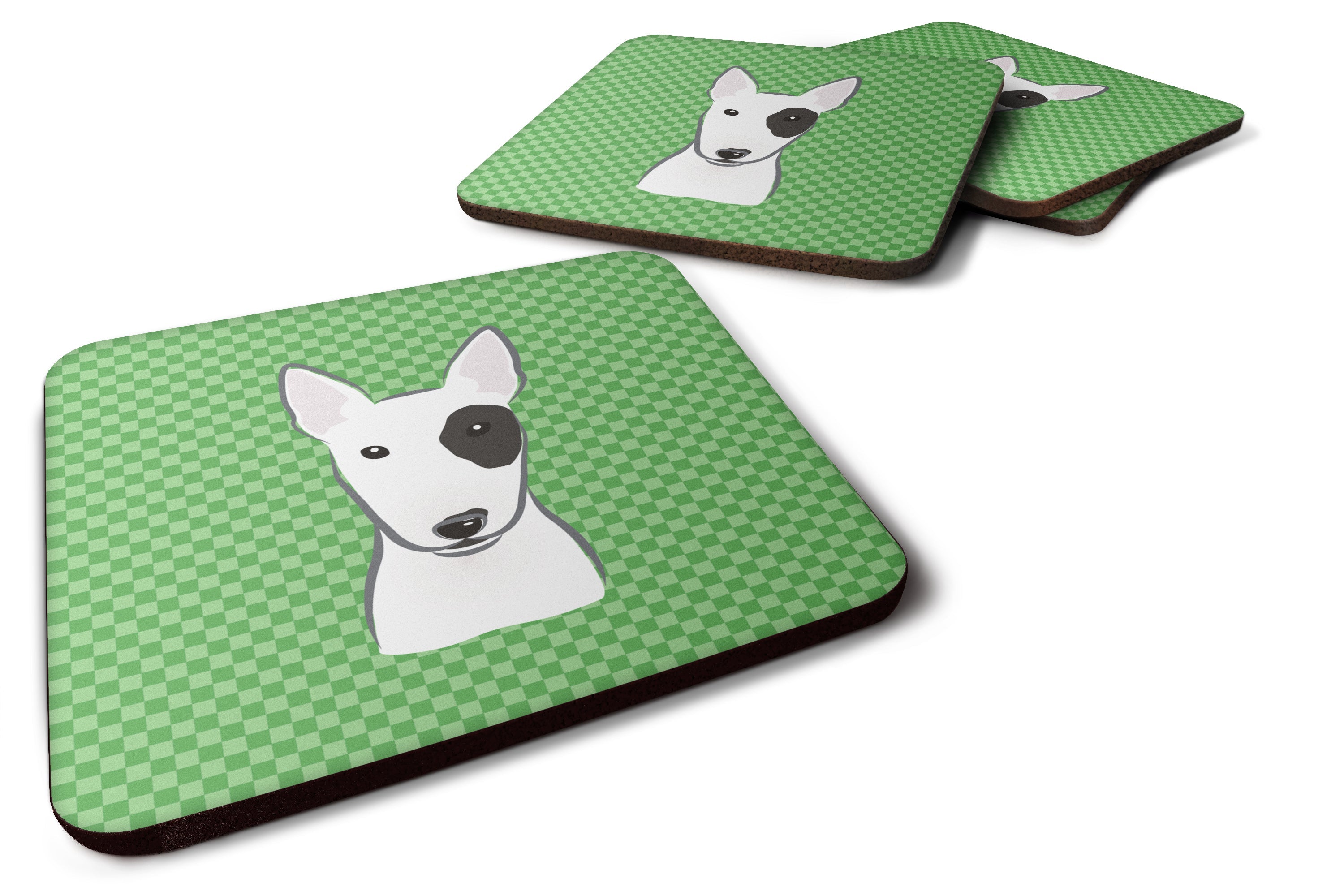 Green Checkered Bull Terrier Foam Coasters Set of 4 Cup Coasters for Indoor Outdoor, Tabletop Protection, Anti Slip, Mouse pad Material