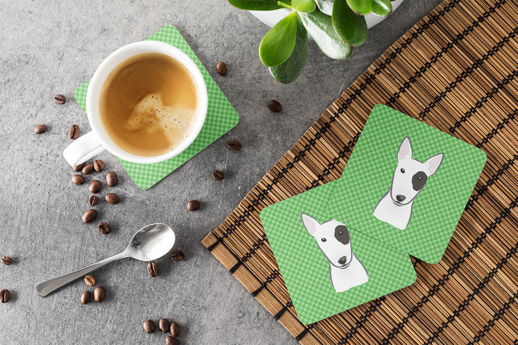 Green Checkered Bull Terrier Foam Coasters Set of 4 Cup Coasters for Indoor Outdoor, Tabletop Protection, Anti Slip, Mouse pad Material