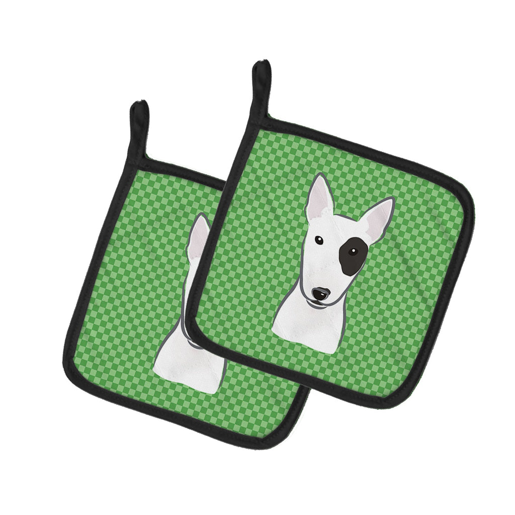Green Checkered Bull Terrier Pot Holder Set of 2 Heat Resistant Quilted Hot Pads 7.5 x 7.5 Inch, Insulated Kitchen Trivets for Cooking & Baking