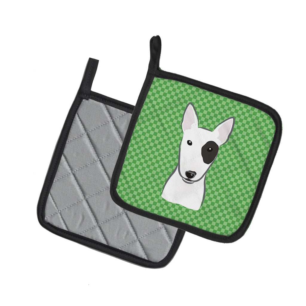 Green Checkered Bull Terrier Pot Holder Set of 2 Heat Resistant Quilted Hot Pads 7.5 x 7.5 Inch, Insulated Kitchen Trivets for Cooking & Baking