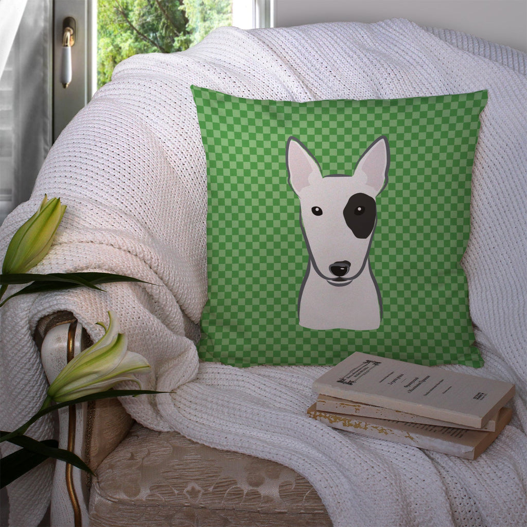 Green Checkered Bull Terrier Decorative Throw Pillow 14x14 Indoor Outdoor Accent Cushion, Fabric Cover with Insert for Sofa, Bed, Porch & Living Room