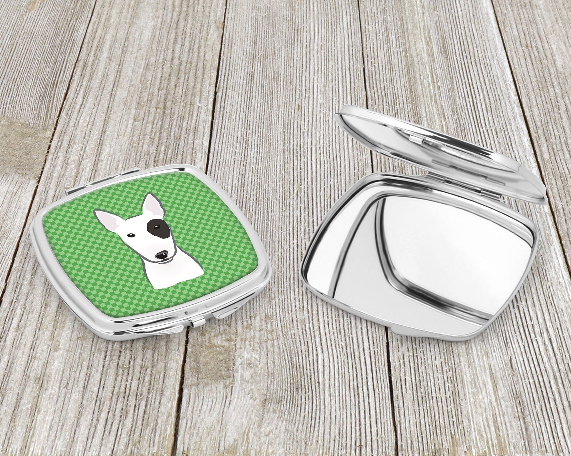 Green Checkered Bull Terrier Compact Mirror Decorative Travel Makeup Mirror for Women Girls Gifts Pocket Makeup Mirror Folding Handheld