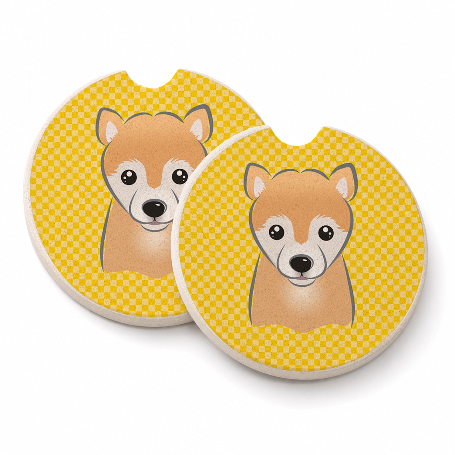 Yellow Checkered Shiba Inu Set of 2 Cup Holder Car Coasters Absorbent Round Sandstone Coasters Gifts for Men or Women, 2.5, Multicolor