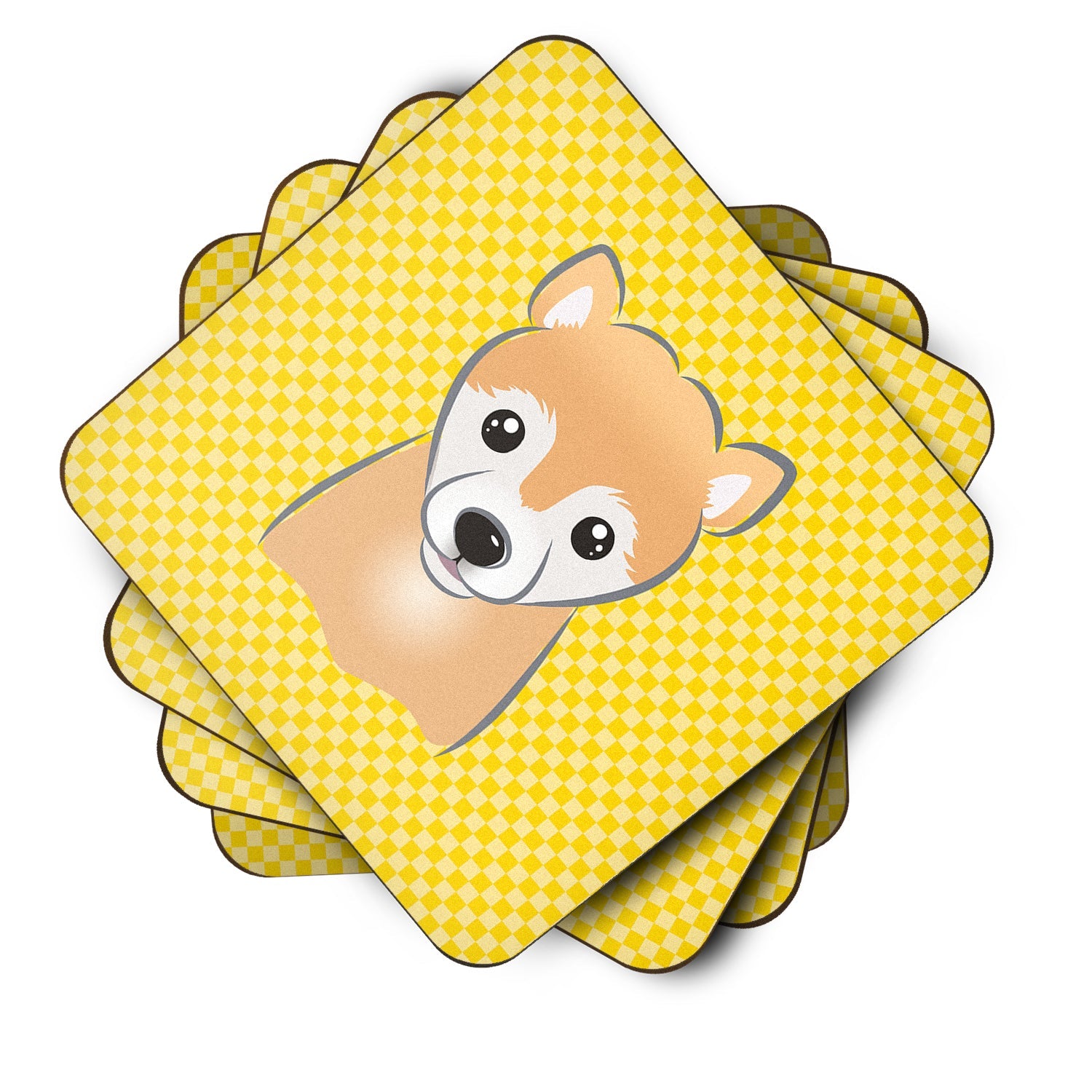 Yellow Checkered Shiba Inu Foam Coasters Set of 4 Cup Coasters for Indoor Outdoor, Tabletop Protection, Anti Slip, Mouse pad Material